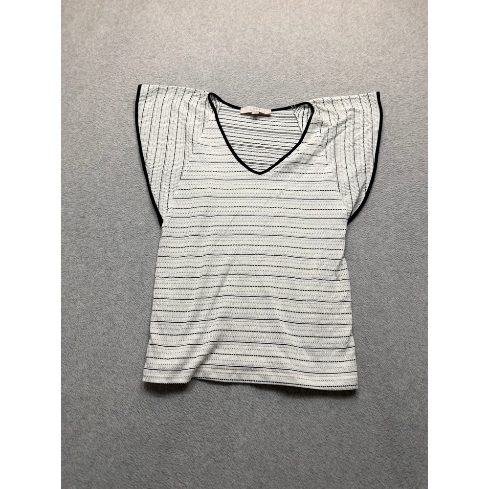 Loft Womens White Black Striped Flutter Sleeve V-Neck Textured Top Size S